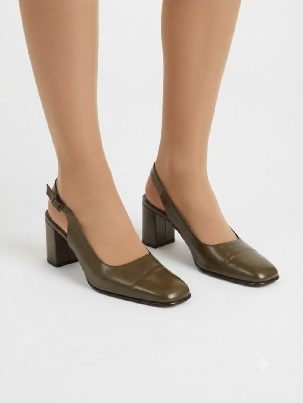 Vintage Bruno Magli Olive Green Leather Slingback Block Heels Size 8.5